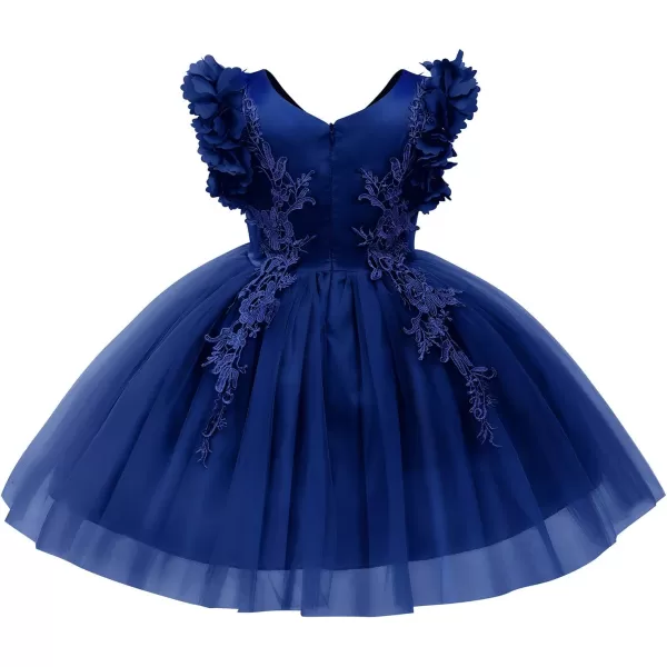 Girls Flower Ruffle Flutter Tutu Dress Lace Bridesmaid Wedding Party Pageant Tulle Dress for Kids Communion Prom GownsNavy Blue