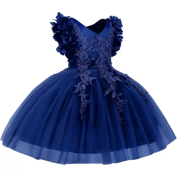 Girls Flower Ruffle Flutter Tutu Dress Lace Bridesmaid Wedding Party Pageant Tulle Dress for Kids Communion Prom GownsNavy Blue