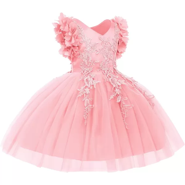 Girls Flower Ruffle Flutter Tutu Dress Lace Bridesmaid Wedding Party Pageant Tulle Dress for Kids Communion Prom GownsPink