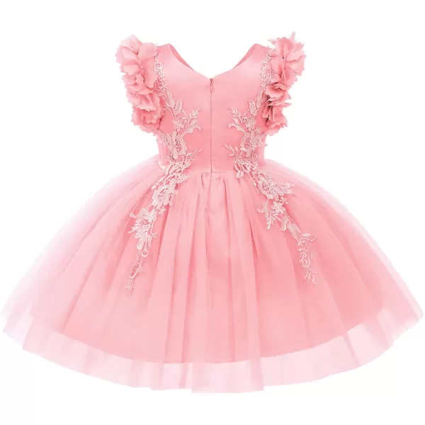 Girls Flower Ruffle Flutter Tutu Dress Lace Bridesmaid Wedding Party Pageant Tulle Dress for Kids Communion Prom GownsPink