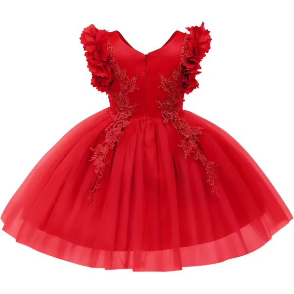 Girls Flower Ruffle Flutter Tutu Dress Lace Bridesmaid Wedding Party Pageant Tulle Dress for Kids Communion Prom GownsRed