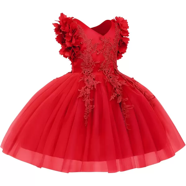 Girls Flower Ruffle Flutter Tutu Dress Lace Bridesmaid Wedding Party Pageant Tulle Dress for Kids Communion Prom GownsRed