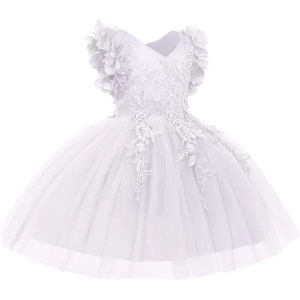 Girls Flower Ruffle Flutter Tutu Dress Lace Bridesmaid Wedding Party Pageant Tulle Dress for Kids Communion Prom GownsWhite