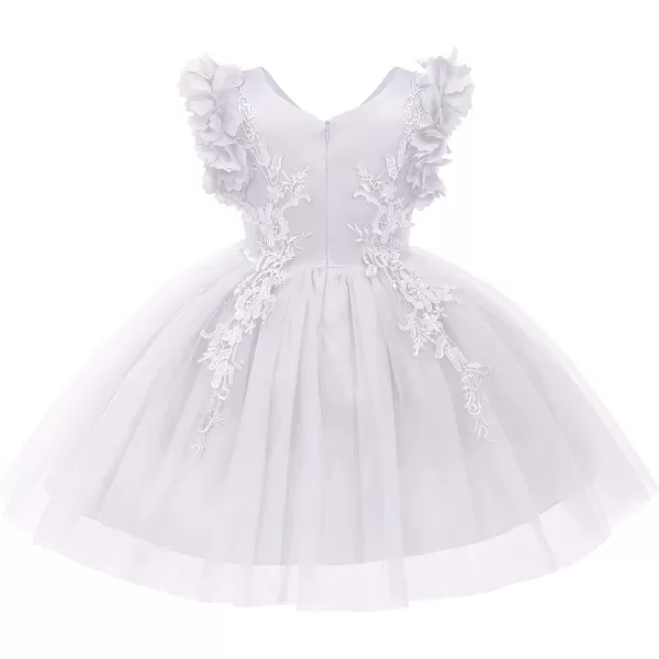 Girls Flower Ruffle Flutter Tutu Dress Lace Bridesmaid Wedding Party Pageant Tulle Dress for Kids Communion Prom GownsWhite