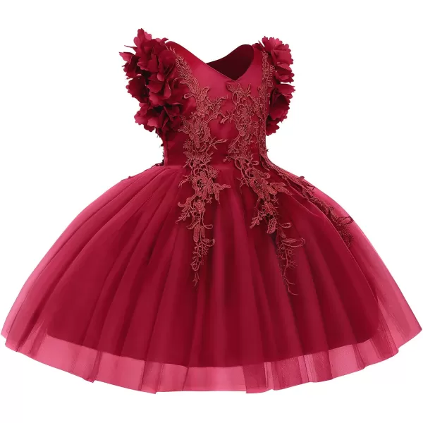 Girls Flower Ruffle Flutter Tutu Dress Lace Bridesmaid Wedding Party Pageant Tulle Dress for Kids Communion Prom GownsWine Red