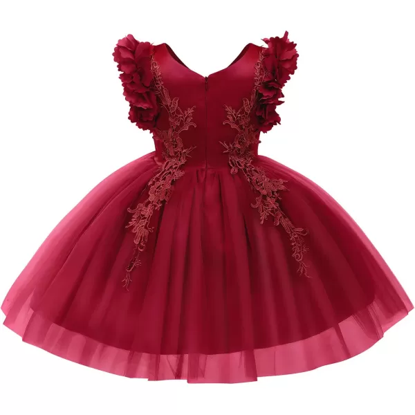 Girls Flower Ruffle Flutter Tutu Dress Lace Bridesmaid Wedding Party Pageant Tulle Dress for Kids Communion Prom GownsWine Red