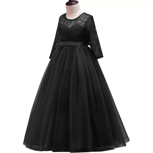 Girls Long Lace Bridesmaid Dress 34 Sleeves Floor Length Maxi Tulle Pageant Ball Gowns Wedding Party Dresses for KidsBlack