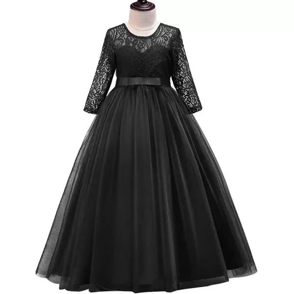 Girls Long Lace Bridesmaid Dress 34 Sleeves Floor Length Maxi Tulle Pageant Ball Gowns Wedding Party Dresses for KidsBlack