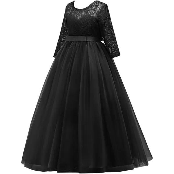 Girls Long Lace Bridesmaid Dress 34 Sleeves Floor Length Maxi Tulle Pageant Ball Gowns Wedding Party Dresses for KidsBlack