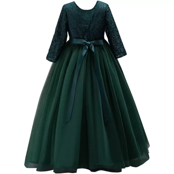 Girls Long Lace Bridesmaid Dress 34 Sleeves Floor Length Maxi Tulle Pageant Ball Gowns Wedding Party Dresses for KidsBlackish Green