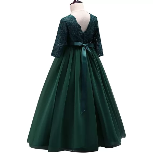 Girls Long Lace Bridesmaid Dress 34 Sleeves Floor Length Maxi Tulle Pageant Ball Gowns Wedding Party Dresses for KidsBlackish Green