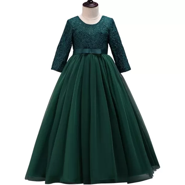 Girls Long Lace Bridesmaid Dress 34 Sleeves Floor Length Maxi Tulle Pageant Ball Gowns Wedding Party Dresses for KidsBlackish Green