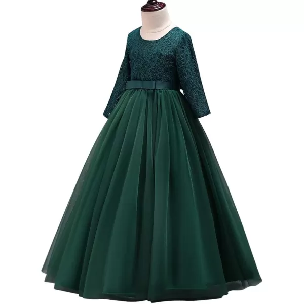 Girls Long Lace Bridesmaid Dress 34 Sleeves Floor Length Maxi Tulle Pageant Ball Gowns Wedding Party Dresses for KidsBlackish Green