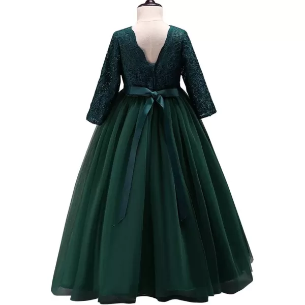 Girls Long Lace Bridesmaid Dress 34 Sleeves Floor Length Maxi Tulle Pageant Ball Gowns Wedding Party Dresses for KidsBlackish Green