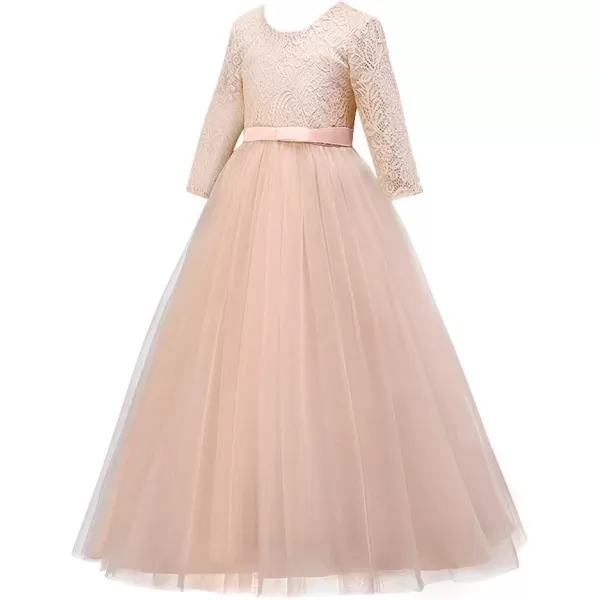 Girls Long Lace Bridesmaid Dress 34 Sleeves Floor Length Maxi Tulle Pageant Ball Gowns Wedding Party Dresses for KidsChampagne