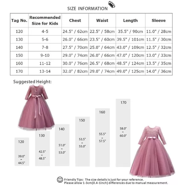Girls Long Lace Bridesmaid Dress 34 Sleeves Floor Length Maxi Tulle Pageant Ball Gowns Wedding Party Dresses for KidsDusty Pink