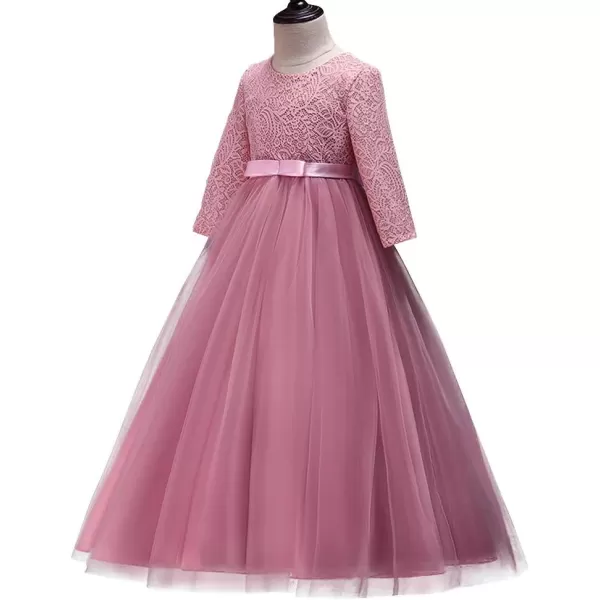 Girls Long Lace Bridesmaid Dress 34 Sleeves Floor Length Maxi Tulle Pageant Ball Gowns Wedding Party Dresses for KidsDusty Pink