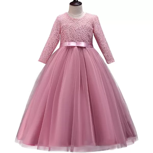 Girls Long Lace Bridesmaid Dress 34 Sleeves Floor Length Maxi Tulle Pageant Ball Gowns Wedding Party Dresses for KidsDusty Pink