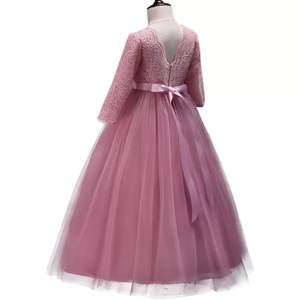 Girls Long Lace Bridesmaid Dress 34 Sleeves Floor Length Maxi Tulle Pageant Ball Gowns Wedding Party Dresses for KidsDusty Pink