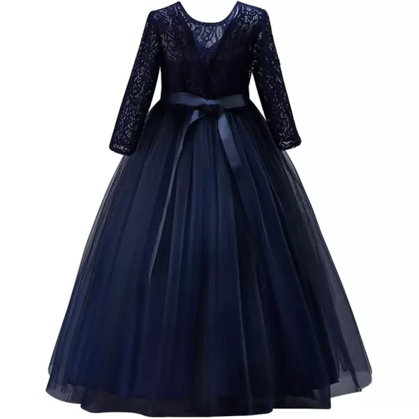 Girls Long Lace Bridesmaid Dress 34 Sleeves Floor Length Maxi Tulle Pageant Ball Gowns Wedding Party Dresses for KidsNavy Blue