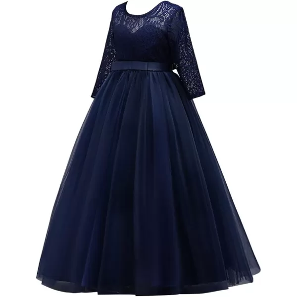 Girls Long Lace Bridesmaid Dress 34 Sleeves Floor Length Maxi Tulle Pageant Ball Gowns Wedding Party Dresses for KidsNavy Blue