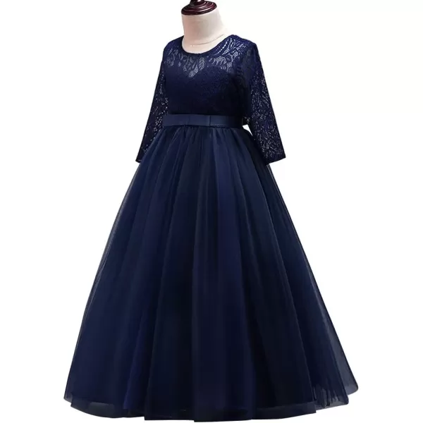 Girls Long Lace Bridesmaid Dress 34 Sleeves Floor Length Maxi Tulle Pageant Ball Gowns Wedding Party Dresses for KidsNavy Blue