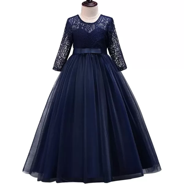 Girls Long Lace Bridesmaid Dress 34 Sleeves Floor Length Maxi Tulle Pageant Ball Gowns Wedding Party Dresses for KidsNavy Blue