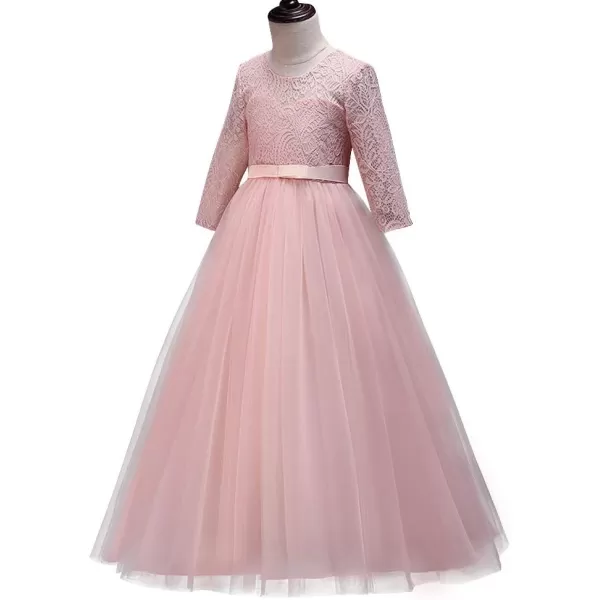 Girls Long Lace Bridesmaid Dress 34 Sleeves Floor Length Maxi Tulle Pageant Ball Gowns Wedding Party Dresses for KidsPink