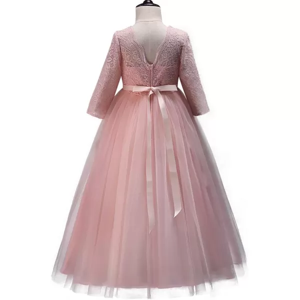 Girls Long Lace Bridesmaid Dress 34 Sleeves Floor Length Maxi Tulle Pageant Ball Gowns Wedding Party Dresses for KidsPink