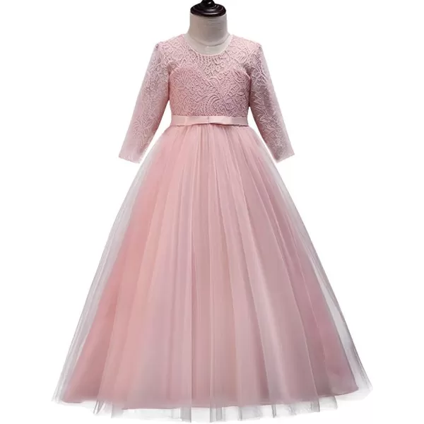 Girls Long Lace Bridesmaid Dress 34 Sleeves Floor Length Maxi Tulle Pageant Ball Gowns Wedding Party Dresses for KidsPink