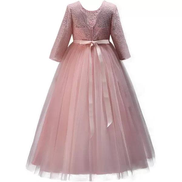 Girls Long Lace Bridesmaid Dress 34 Sleeves Floor Length Maxi Tulle Pageant Ball Gowns Wedding Party Dresses for KidsPink