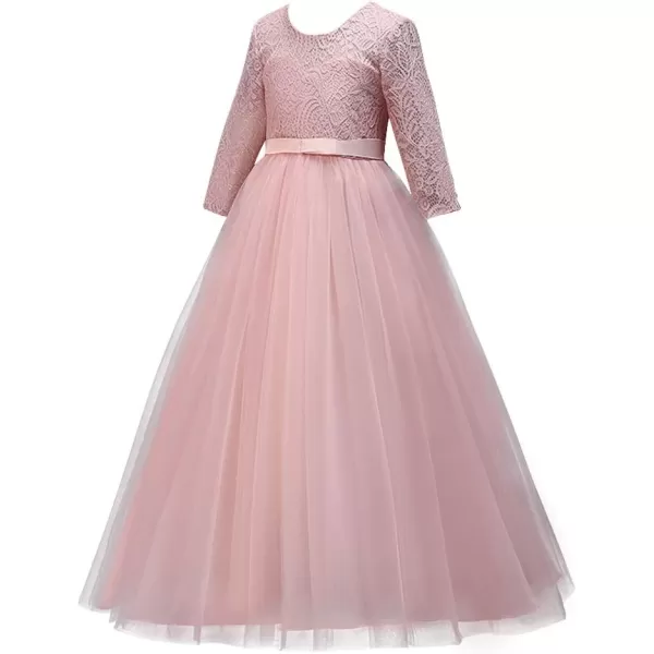 Girls Long Lace Bridesmaid Dress 34 Sleeves Floor Length Maxi Tulle Pageant Ball Gowns Wedding Party Dresses for KidsPink