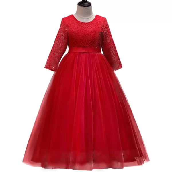 Girls Long Lace Bridesmaid Dress 34 Sleeves Floor Length Maxi Tulle Pageant Ball Gowns Wedding Party Dresses for KidsRed