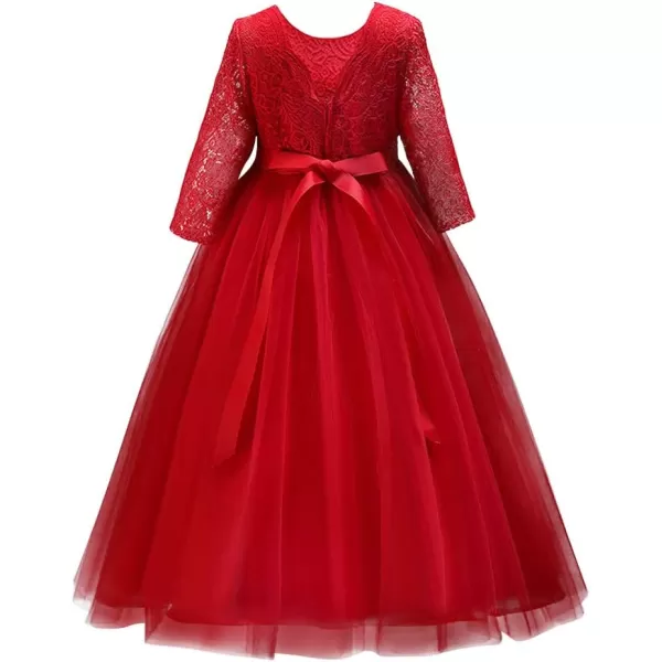 Girls Long Lace Bridesmaid Dress 34 Sleeves Floor Length Maxi Tulle Pageant Ball Gowns Wedding Party Dresses for KidsRed