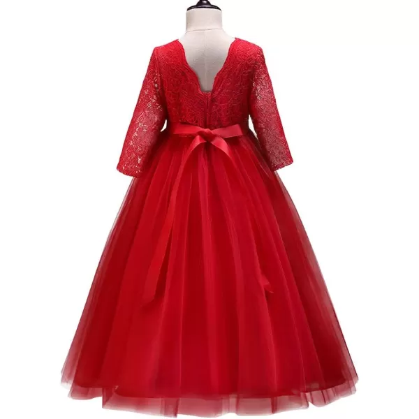 Girls Long Lace Bridesmaid Dress 34 Sleeves Floor Length Maxi Tulle Pageant Ball Gowns Wedding Party Dresses for KidsRed