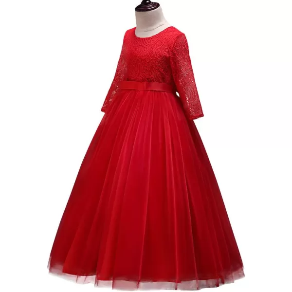 Girls Long Lace Bridesmaid Dress 34 Sleeves Floor Length Maxi Tulle Pageant Ball Gowns Wedding Party Dresses for KidsRed