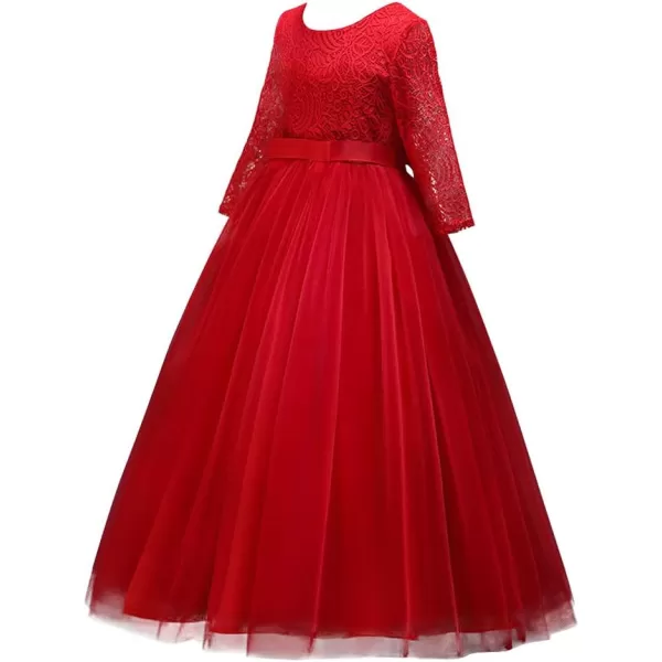 Girls Long Lace Bridesmaid Dress 34 Sleeves Floor Length Maxi Tulle Pageant Ball Gowns Wedding Party Dresses for KidsRed