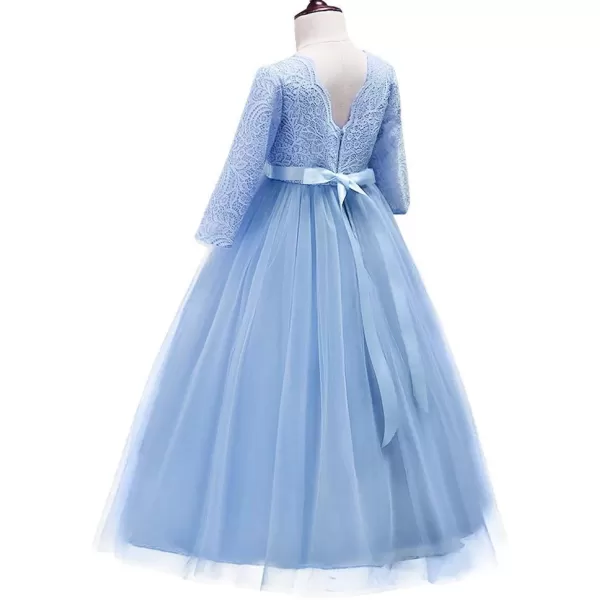 Girls Long Lace Bridesmaid Dress 34 Sleeves Floor Length Maxi Tulle Pageant Ball Gowns Wedding Party Dresses for KidsSky Blue