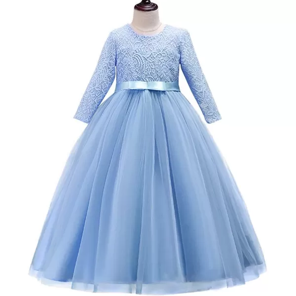 Girls Long Lace Bridesmaid Dress 34 Sleeves Floor Length Maxi Tulle Pageant Ball Gowns Wedding Party Dresses for KidsSky Blue