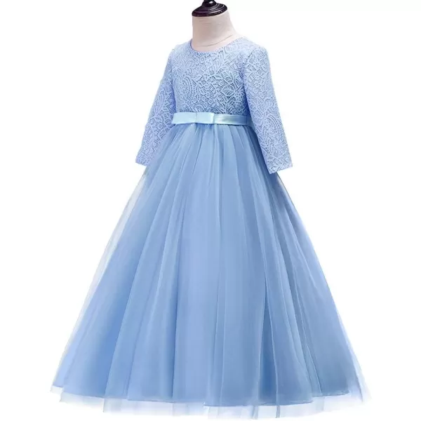 Girls Long Lace Bridesmaid Dress 34 Sleeves Floor Length Maxi Tulle Pageant Ball Gowns Wedding Party Dresses for KidsSky Blue