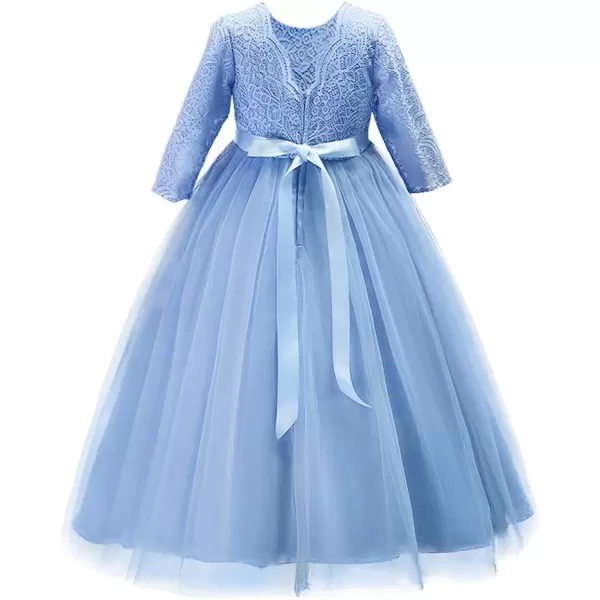 Girls Long Lace Bridesmaid Dress 34 Sleeves Floor Length Maxi Tulle Pageant Ball Gowns Wedding Party Dresses for KidsSky Blue