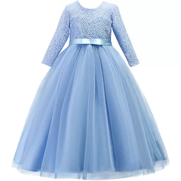 Girls Long Lace Bridesmaid Dress 34 Sleeves Floor Length Maxi Tulle Pageant Ball Gowns Wedding Party Dresses for KidsSky Blue