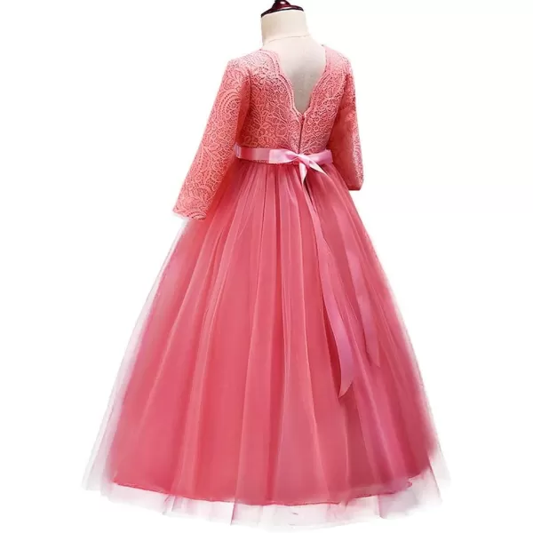 Girls Long Lace Bridesmaid Dress 34 Sleeves Floor Length Maxi Tulle Pageant Ball Gowns Wedding Party Dresses for KidsWatermelon Red