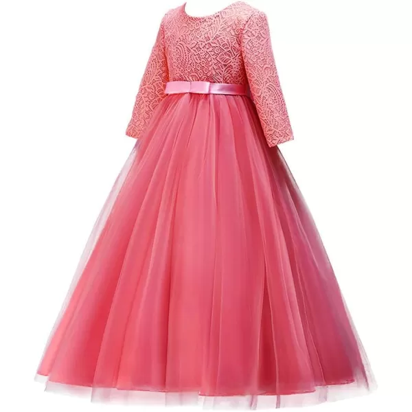 Girls Long Lace Bridesmaid Dress 34 Sleeves Floor Length Maxi Tulle Pageant Ball Gowns Wedding Party Dresses for KidsWatermelon Red