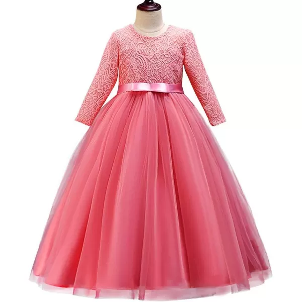 Girls Long Lace Bridesmaid Dress 34 Sleeves Floor Length Maxi Tulle Pageant Ball Gowns Wedding Party Dresses for KidsWatermelon Red