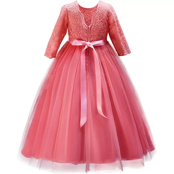 Girls Long Lace Bridesmaid Dress 34 Sleeves Floor Length Maxi Tulle Pageant Ball Gowns Wedding Party Dresses for KidsWatermelon Red