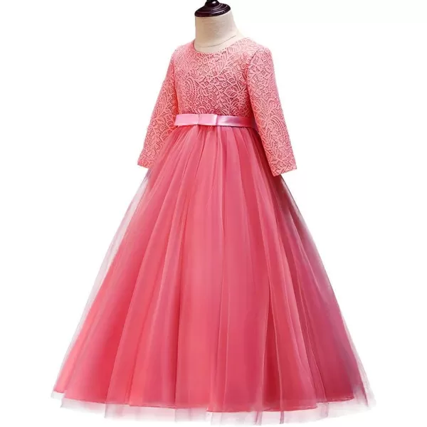 Girls Long Lace Bridesmaid Dress 34 Sleeves Floor Length Maxi Tulle Pageant Ball Gowns Wedding Party Dresses for KidsWatermelon Red