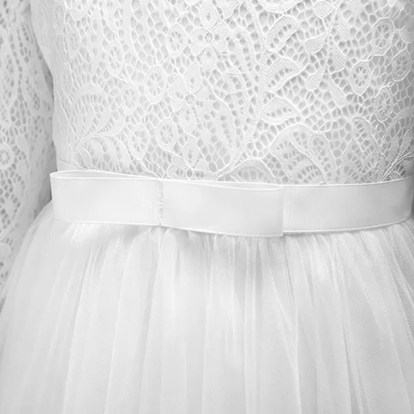 Girls Long Lace Bridesmaid Dress 34 Sleeves Floor Length Maxi Tulle Pageant Ball Gowns Wedding Party Dresses for KidsWhite