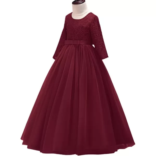 Girls Long Lace Bridesmaid Dress 34 Sleeves Floor Length Maxi Tulle Pageant Ball Gowns Wedding Party Dresses for KidsWine Red