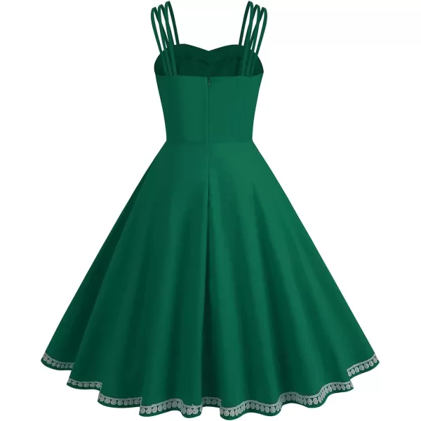 IDOPIP 1950s Dresses for Women Vintage Cocktail Party Swing Dress Solid Retro Halter Wedding Guest Rockabilly Pinup DressesGreen